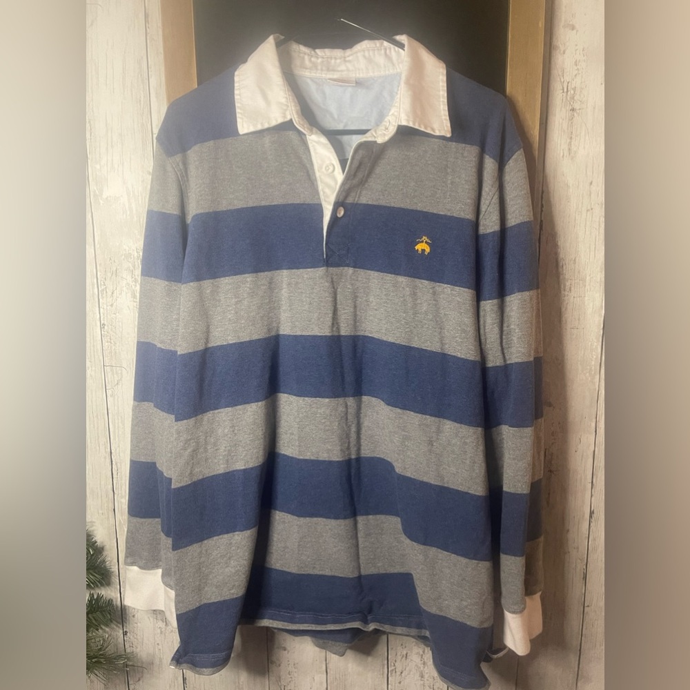 Brooks Brothers Rugby Polo Shirt Mens L Blue Gray Striped Long Sleeve